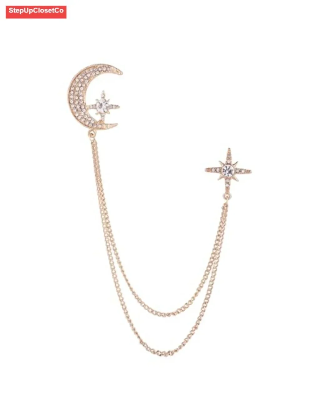 Moon Star Rhinestone Brooch with Gold Tassel Unisex Pins